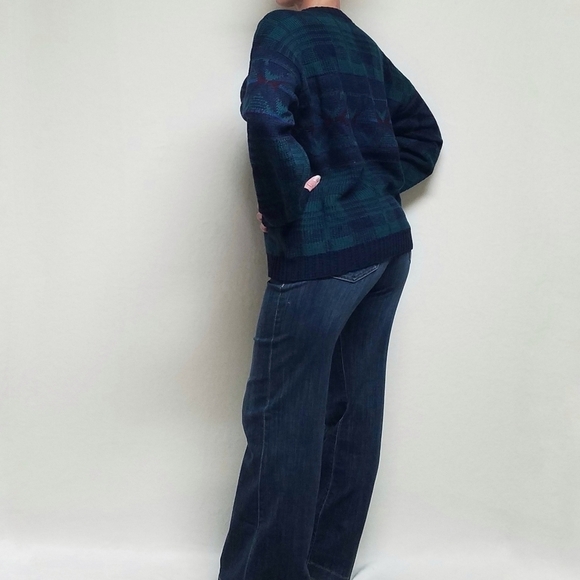 VINTAGE Reed St. James Loafers Turquoise Blue Plaid Printed Knit Sweater XL - Picture 3 of 11